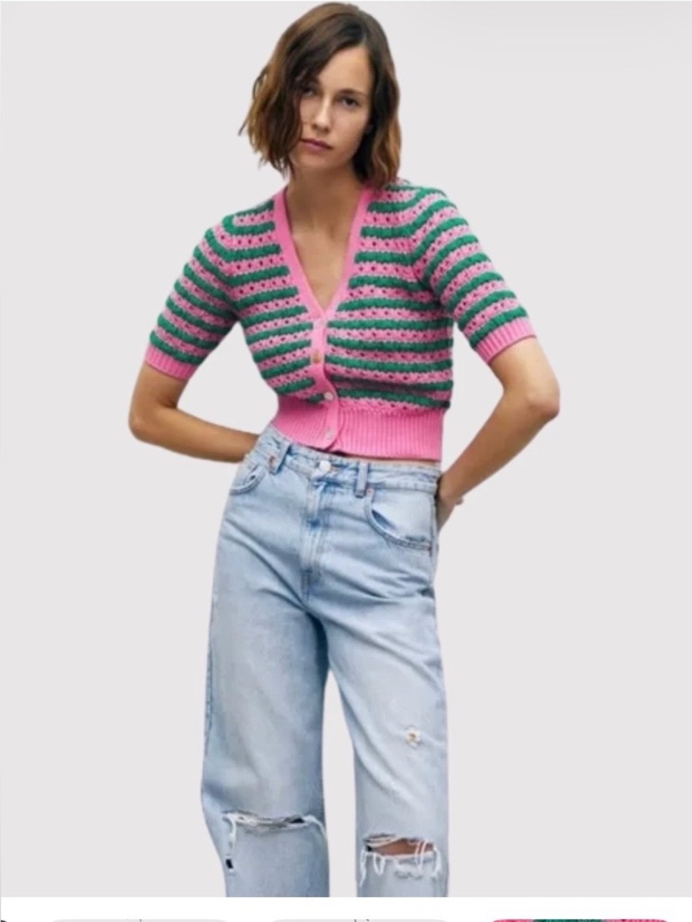 NWT Zara Pink & Green Striped Crochet Open-Knit Cropped Cardigan Sweater – Size